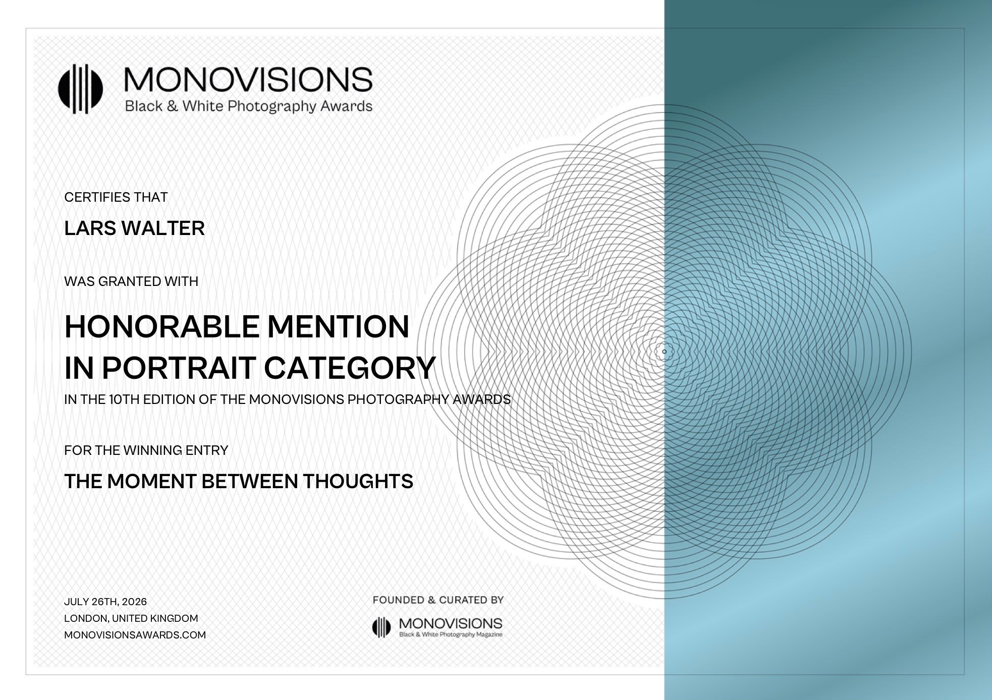 Monovisions Honorable Mention Certificate 2026